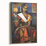 Abstract figurative art canvas framed in gold, showcasing a dynamic design with bold colors and intricate details, ideal for modern home decor.