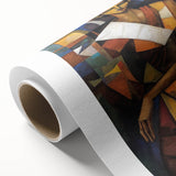Abstract figurative rolled canvas artwork showcasing vibrant colors and dynamic shapes, housed in a protective cardboard tube for easy storage and display.