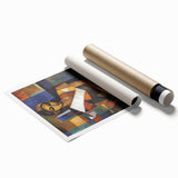 Abstract figurative rolled print showcasing vibrant colors and dynamic shapes, elegantly packaged in a protective cardboard tube, ideal for modern wall decor.
