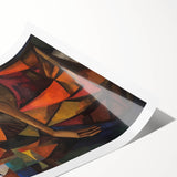 Abstract figurative rolled print showcasing vibrant colors and dynamic shapes, perfect for modern wall decor. Packaged securely in a cardboard tube for easy transport.