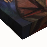 Close-up of an abstract figurative stretched canvas artwork showcasing vibrant colors and dynamic shapes, perfect for modern home decor or art enthusiasts.