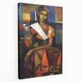 Abstract figurative stretched canvas artwork in vibrant colors, showcasing dynamic shapes and forms, displayed from a side view to emphasize depth and texture.