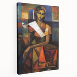 Abstract figurative stretched canvas artwork in vibrant colors, showcasing dynamic shapes and forms, displayed from a side view to emphasize depth and texture.