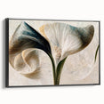 Framed abstract floral wall art in a sleek black frame, showcasing vibrant colors and intricate details, ideal for modern home decor or office settings.