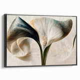 Framed abstract floral wall art in a sleek black frame, showcasing vibrant colors and intricate details, ideal for modern home decor or office settings.