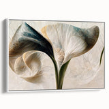 Framed canvas wall art featuring an abstract floral design with vibrant colors. The artwork is displayed in a sleek white frame, showcasing its elegant side profile. Perfect for modern home decor.