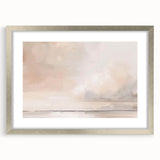 Abstract landscape wall art featuring soft pastel colors, framed in sleek silver with a white mat, showcasing a serene mountain scene, ideal for modern decor.