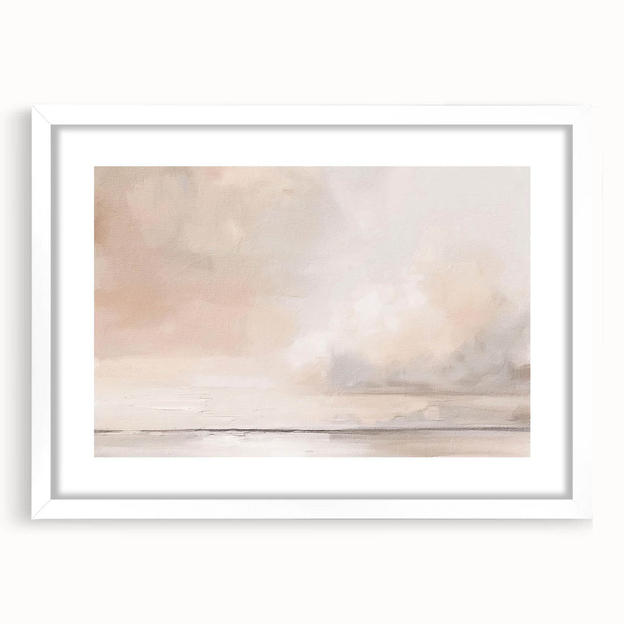 Abstract landscape wall art framed in white with a mat, showcasing vibrant colors and fluid shapes, ideal for modern home decor and artistic aesthetics.