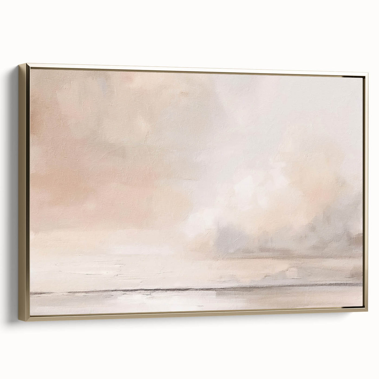 Framed abstract landscape wall art with gold accents, showcasing a serene natural scene. Perfect for modern home decor, adding elegance to any room.