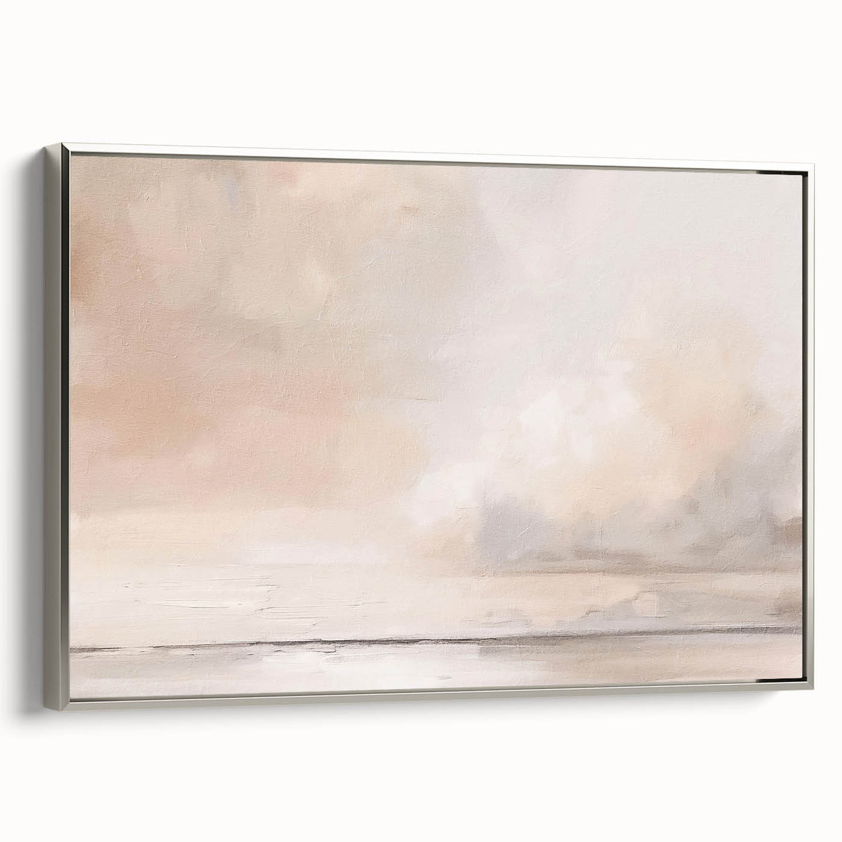 Framed abstract landscape wall art showcasing a silver border, highlighting soft hues of blue and green with a modern design, perfect for contemporary decor.