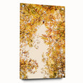 Large abstract wall art depicting fall scenery in warm orange and red tones on acrylic glass.