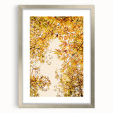 Textured abstract art print in warm autumn hues on a silver-framed canvas, ideal for bedroom ambiance.