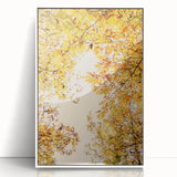 Art deco poster featuring an autumnal scene with orange and brown hues on a white framed acrylic.