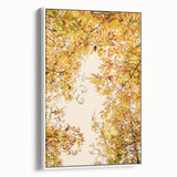 Vintage poster art of an autumnal scene in vibrant orange and red tones, framed canvas, ideal for living room decor.