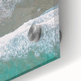 Large abstract wall art featuring swirling blue and green patterns on acrylic glass.