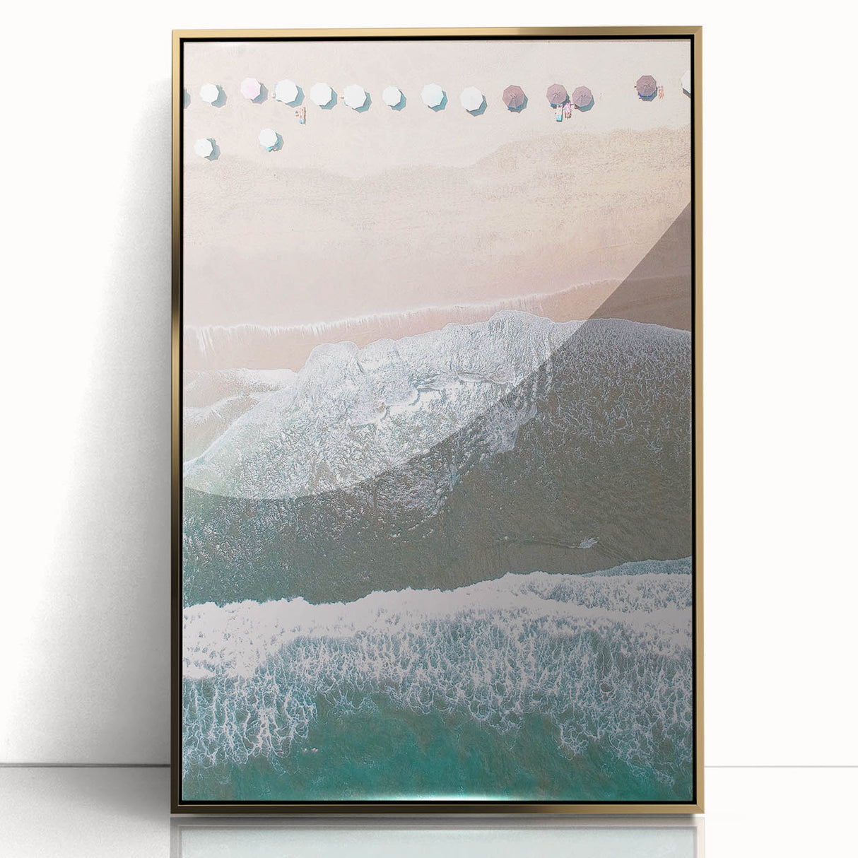 Mid-century modernist summer scene in vibrant colors on a gold-framed acrylic, ideal for nursery wall art.