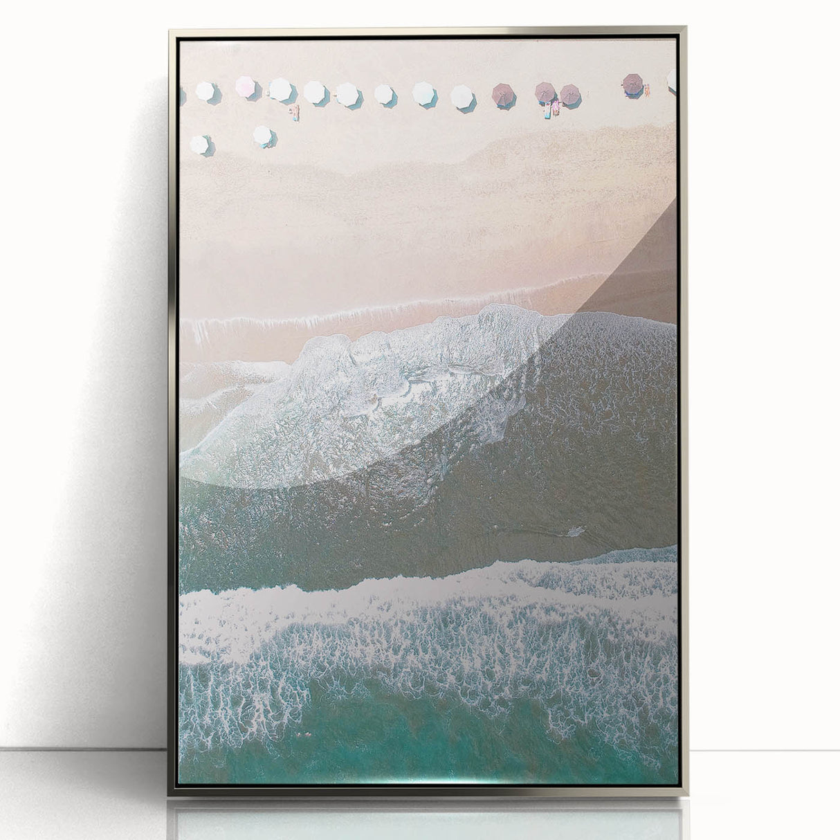 Mid-century modernist art depicting summer season in vibrant colors on a silver-framed acrylic, ideal for nursery wall art.