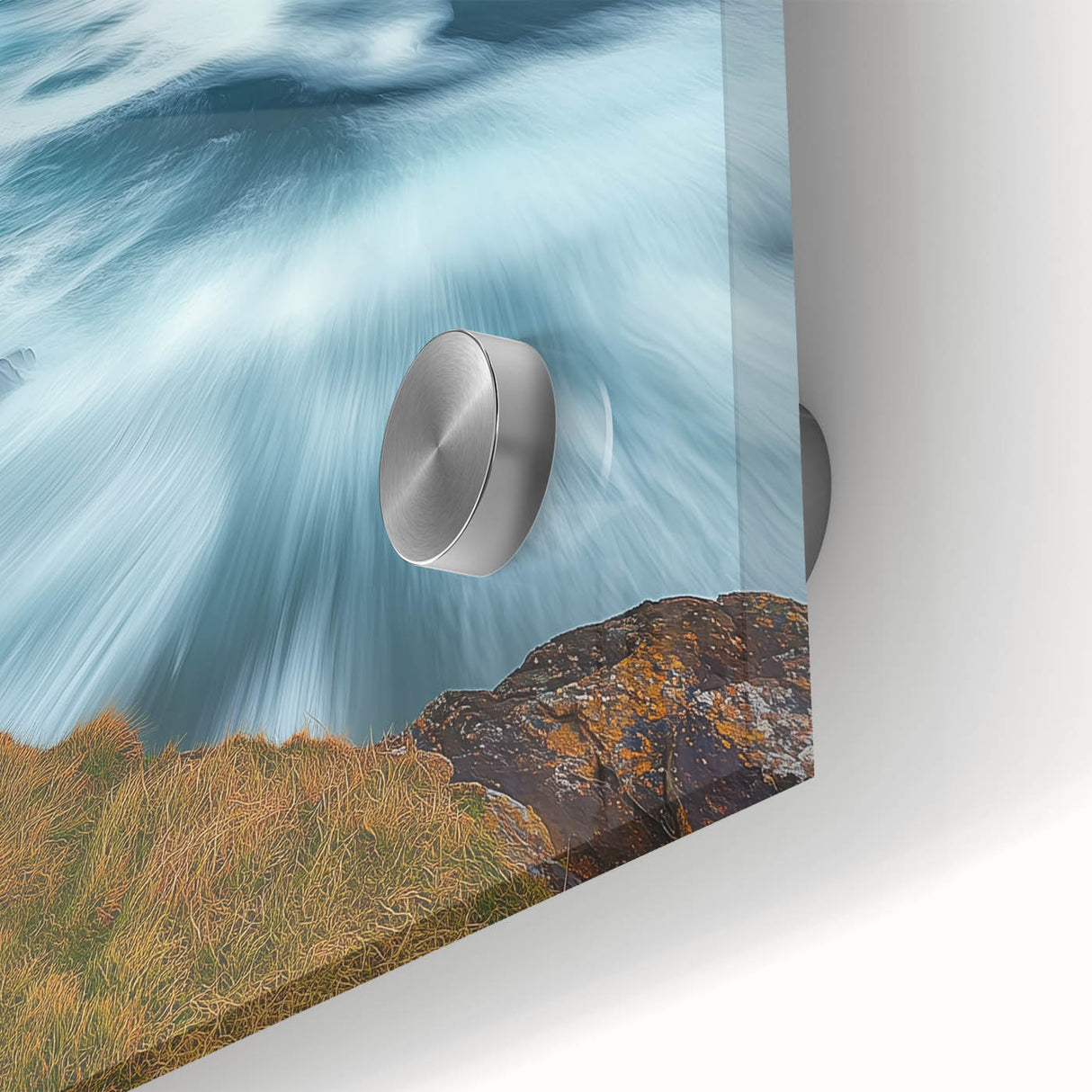 Close-up of a vibrant acrylic landscape artwork showcasing dramatic cliffs and ocean waves, with rich colors and intricate textures, perfect for home decor.