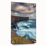 Acrylic wall art showcasing a vibrant landscape with dramatic cliffs, displayed from a side view, secured with decorative pins for a contemporary finish.