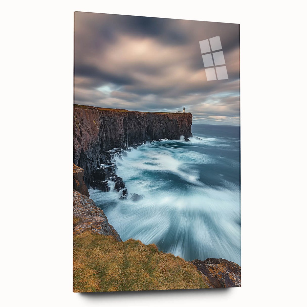 Vivid acrylic artwork depicting dramatic cliffs and landscapes, showcased in a sleek glass frame, accentuating the natural beauty and intricate details of the design.