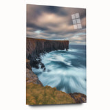 Vivid acrylic artwork depicting dramatic cliffs and landscapes, showcased in a sleek glass frame, accentuating the natural beauty and intricate details of the design.