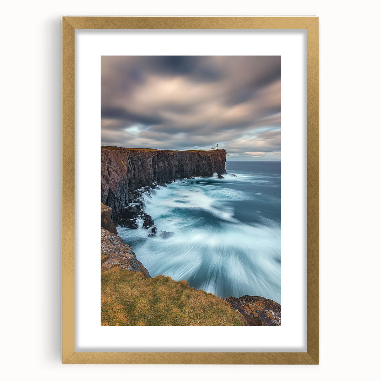 Elegant gold-framed landscape artwork featuring majestic cliffs, complete with a white mat, ideal for home decor or office settings. Perfect for nature lovers.