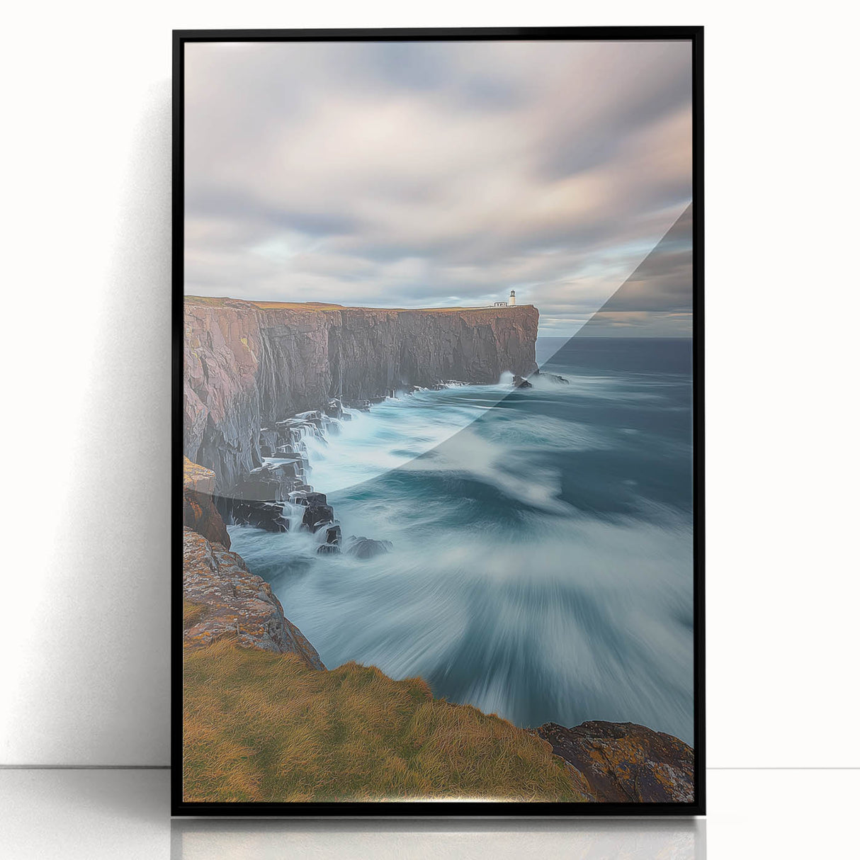 Framed acrylic artwork showcasing a dramatic cliff landscape in vibrant colors, set in a sleek black frame, ideal for enhancing modern decor.