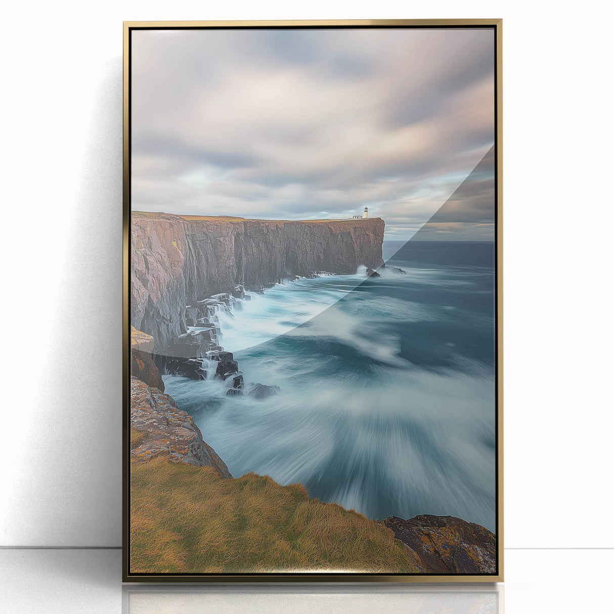 Framed acrylic artwork showcasing a stunning landscape of cliffs with gold accents, designed to enhance modern decor. Perfect for art enthusiasts seeking elegance.