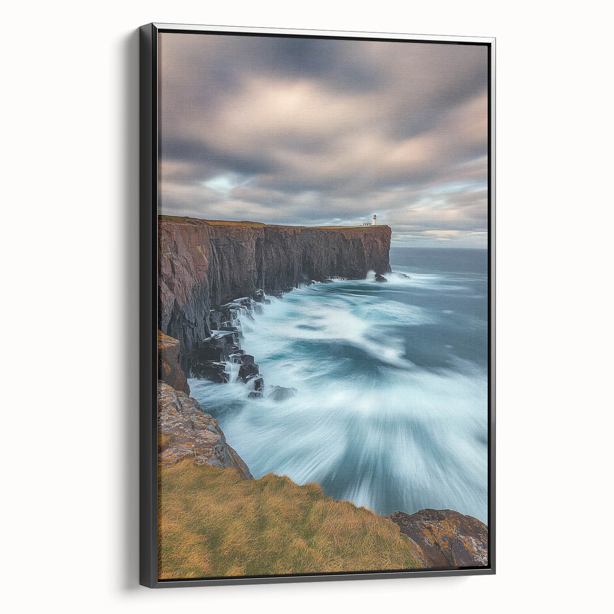 Framed black canvas featuring a stunning landscape of majestic cliffs, showcasing vibrant colors and intricate details, ideal for home decor or art enthusiasts.