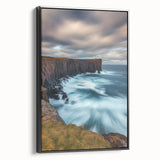 Framed black canvas featuring a stunning landscape of majestic cliffs, showcasing vibrant colors and intricate details, ideal for home decor or art enthusiasts.