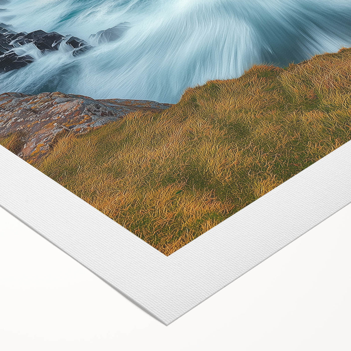 Stunning rolled canvas depicting a vibrant landscape with dramatic cliffs and colorful skies, ideal for home décor, showcasing nature's beauty in art form.
