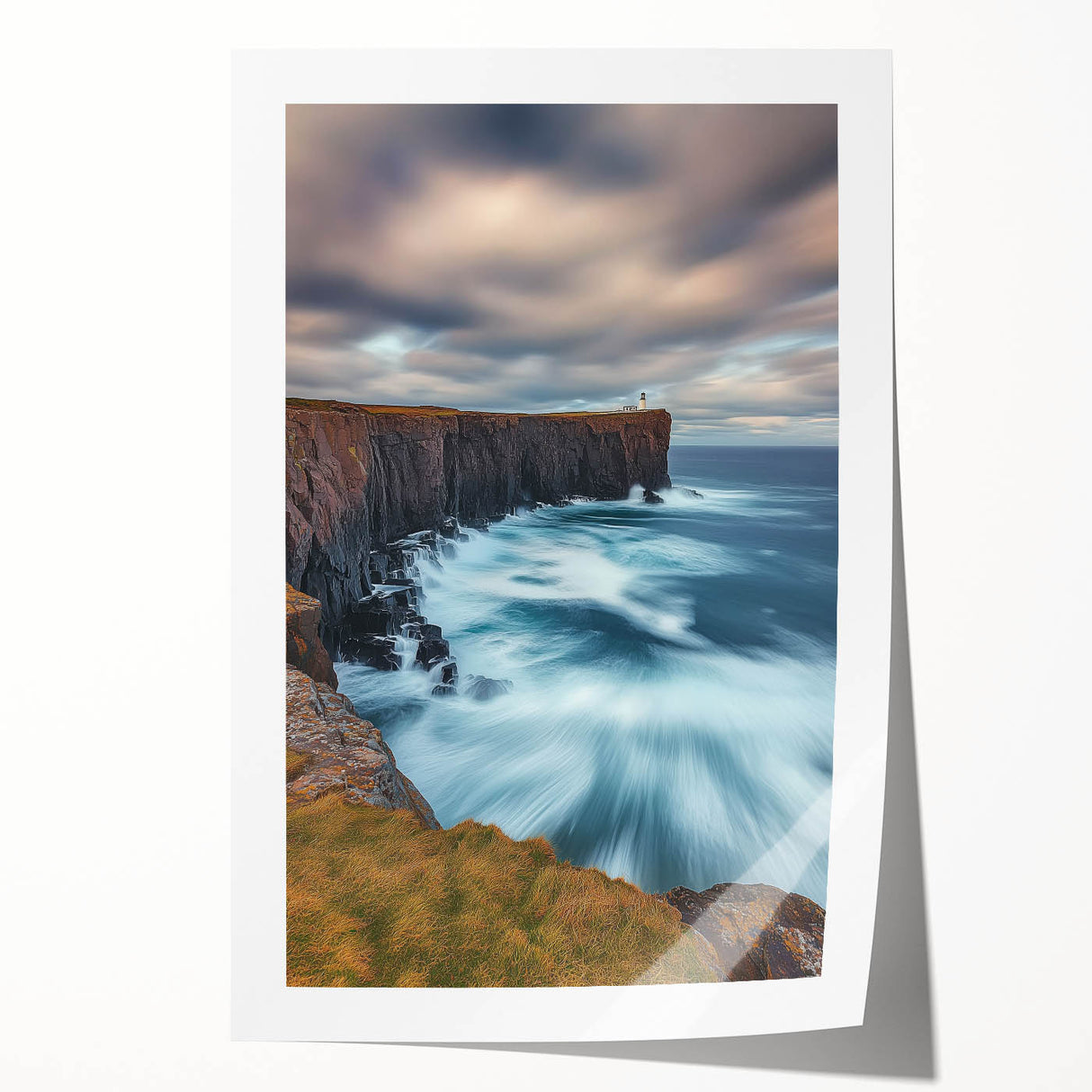 Stunning landscape print showcasing vibrant cliffs and rolling hills, elegantly rolled and packaged in a protective cardboard tube, ideal for home decor.