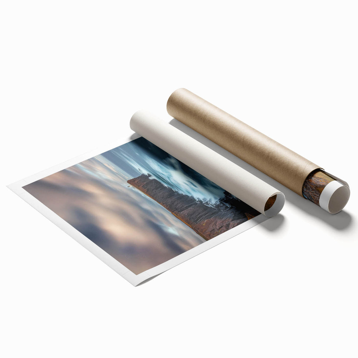 Stunning landscape print showcasing dramatic cliffs against a vibrant sunset, rolled and secured in a protective cardboard tube, perfect for art enthusiasts.