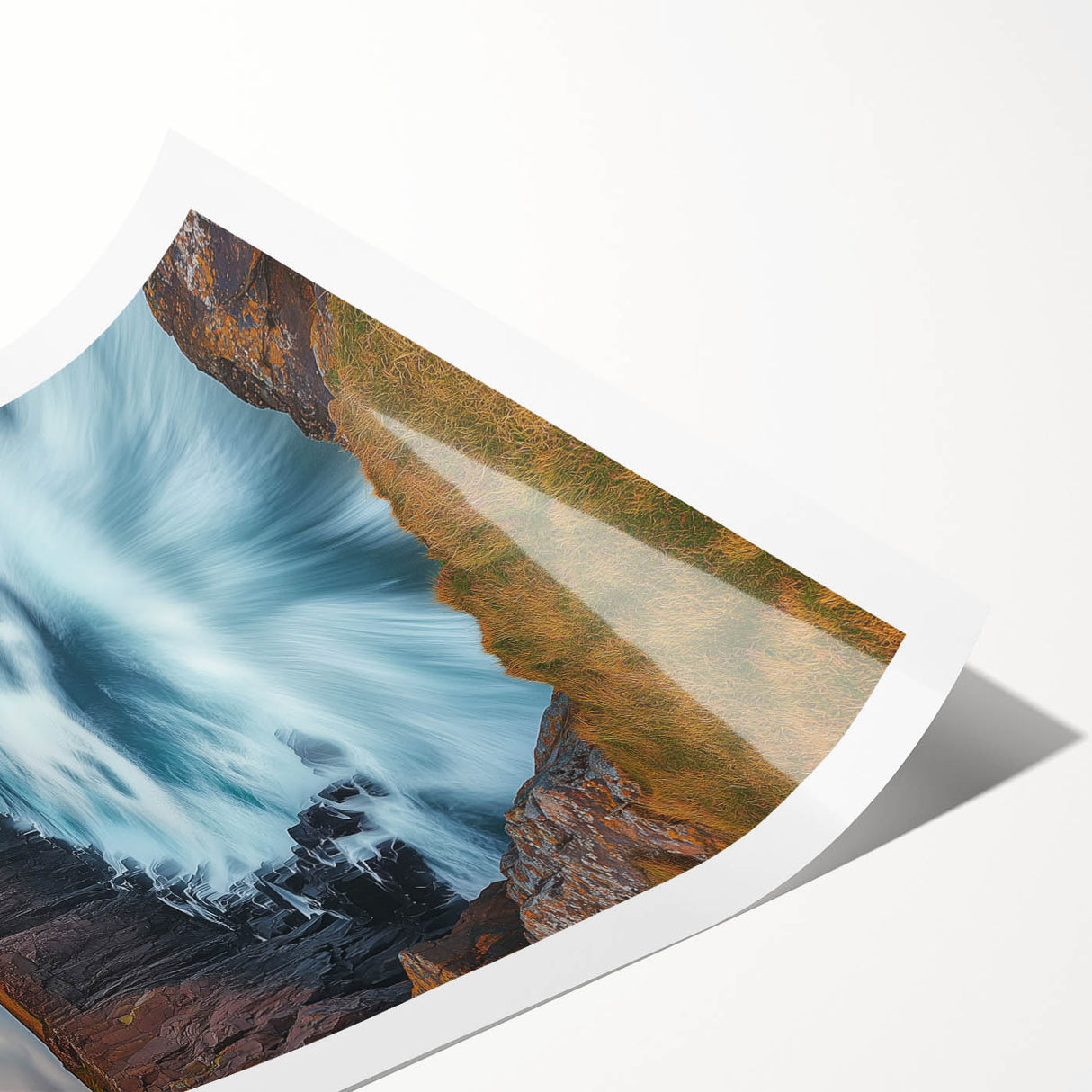 Stunning rolled print of a dramatic cliff landscape showcasing vibrant colors and intricate details, packaged securely in a protective tube for delivery.