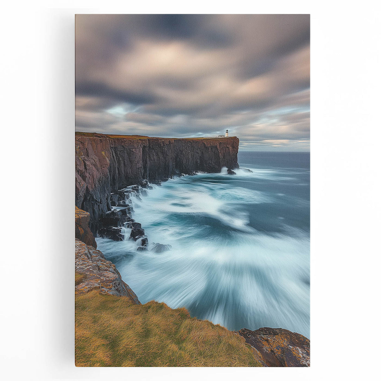 Stretched canvas artwork depicting a breathtaking landscape of cliffs under a vibrant sunset, showcasing rich colors and intricate details, perfect for home decor.
