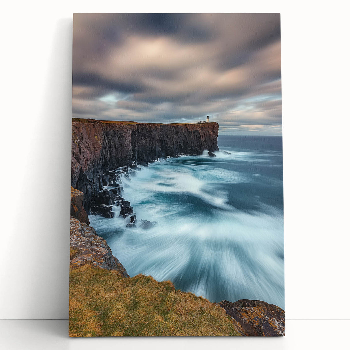 Stretched canvas artwork depicting dramatic cliffs and serene landscapes, showcasing vibrant colors and intricate details, perfect for modern home decor.