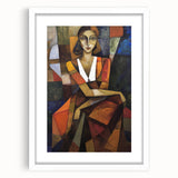 Abstract figurative artwork framed in white mat, showcasing vibrant colors and dynamic shapes, perfect for modern home decor and artistic expression.