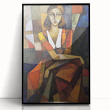 Abstract figurative wall art in a sleek black frame, showcasing vibrant colors and dynamic shapes, ideal for modern home decor or gallery display.