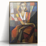 Framed abstract figurative art piece in gold acrylic, showcasing vivid colors and intricate shapes, perfect for modern home decor and artistic expression.