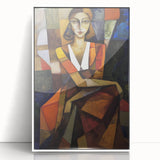 Abstract figurative artwork in a white frame, showcasing vibrant colors and dynamic shapes, perfect for modern home decor or artistic display.