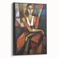 Abstract figurative artwork in a black frame showcasing vibrant colors and fluid shapes, perfect for modern home decor, displayed from a side view highlighting its elegant design.