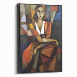 Abstract figurative artwork in a black frame showcasing vibrant colors and fluid shapes, perfect for modern home decor, displayed from a side view highlighting its elegant design.