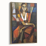 Framed canvas artwork displaying an abstract figurative design in gold tones, showcasing a modern aesthetic ideal for contemporary home decor. Perfect for enhancing living spaces.