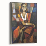 Abstract figurative artwork in a sleek silver frame, showcasing vibrant colors and dynamic shapes, perfect for modern home decor and artistic expression.