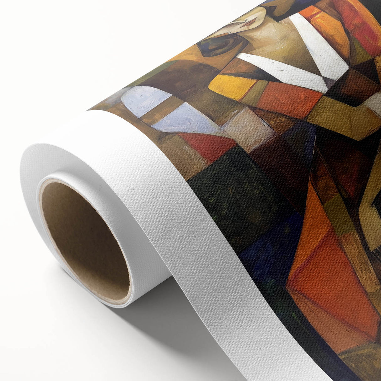 Abstract figurative rolled canvas artwork showcasing vibrant colors and dynamic shapes, perfect for modern decor, presented in a protective cardboard tube.