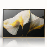 Framed wall art showcasing abstract floral design in vibrant colors with gold accents, perfect for modern home decor, adding elegance and style to any room.