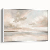 Framed canvas wall art depicting an abstract landscape in soothing tones of blue and white, showcasing a modern aesthetic. Ideal for enhancing contemporary home decor.