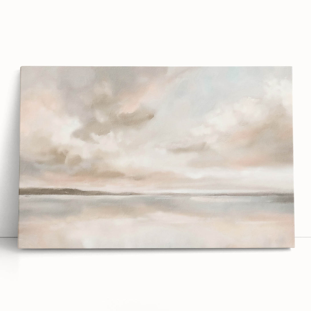 Abstract landscape wall art on stretched canvas, showcasing vibrant colors and flowing forms, perfect for modern home decor, leaning against a wall.