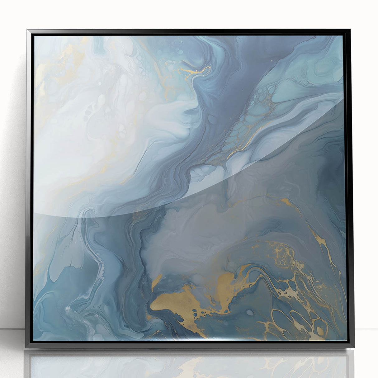 Fluid Abstract Canvas Art – Navy, Gray & Gold Marble-Inspired Flow