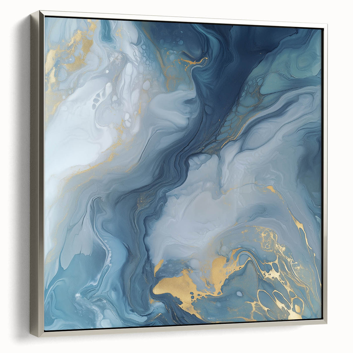 Fluid Abstract Canvas Art – Navy, Gray & Gold Marble-Inspired Flow